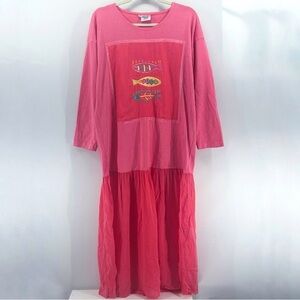 Vintage Johnny Was Pink T Shirt Maxi Dress Embroidered Fish Medium